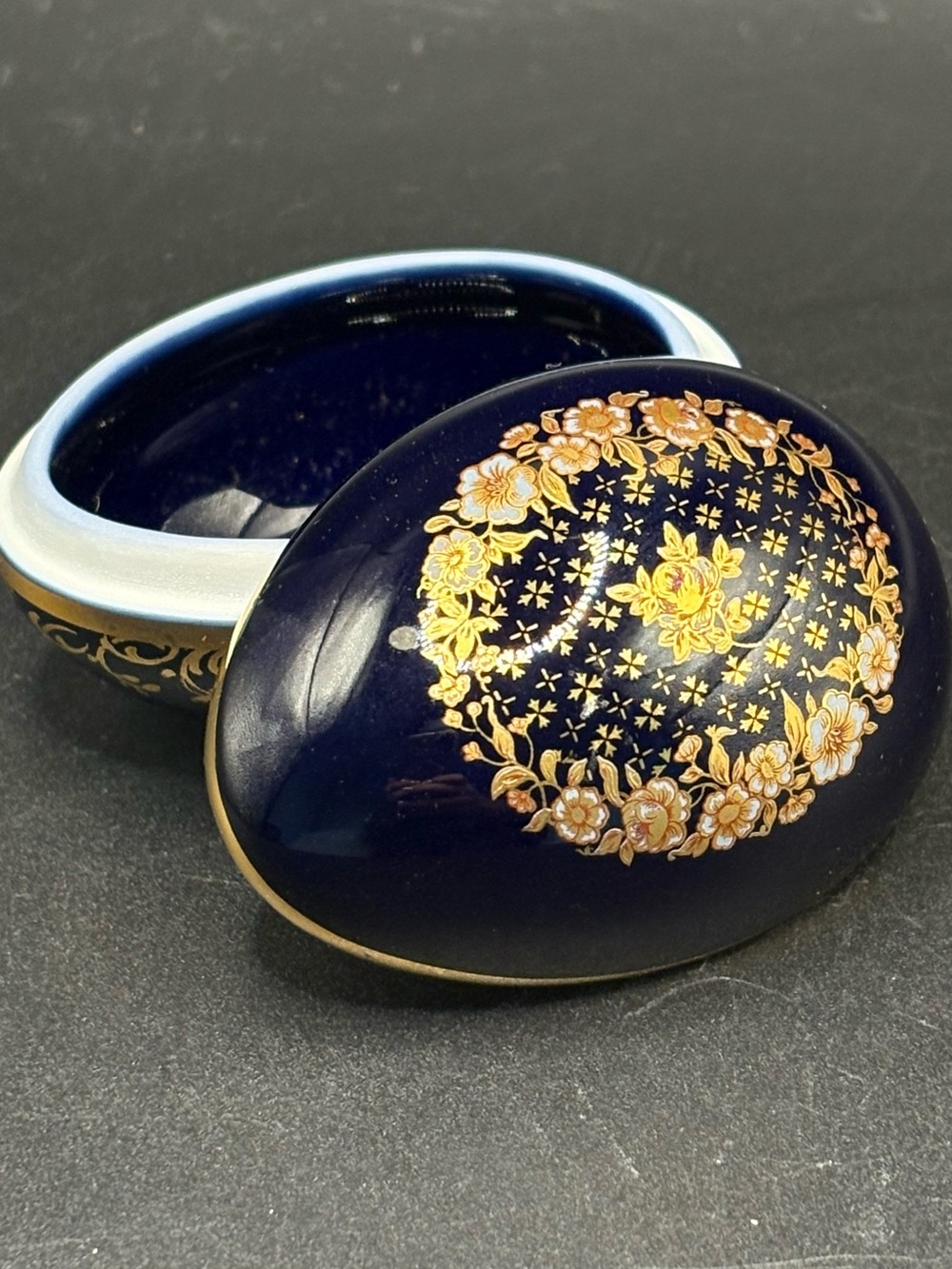 Vintage Limoges Castel France Cobalt Blue Gold Floral Oval Trinket Box